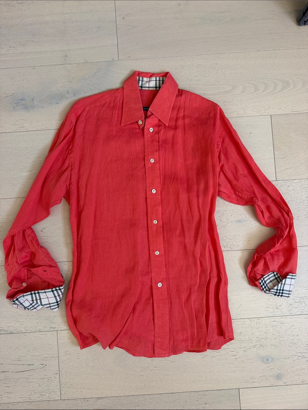Burberry Men's Red Button-Down Shirt with Checked Trim in linen